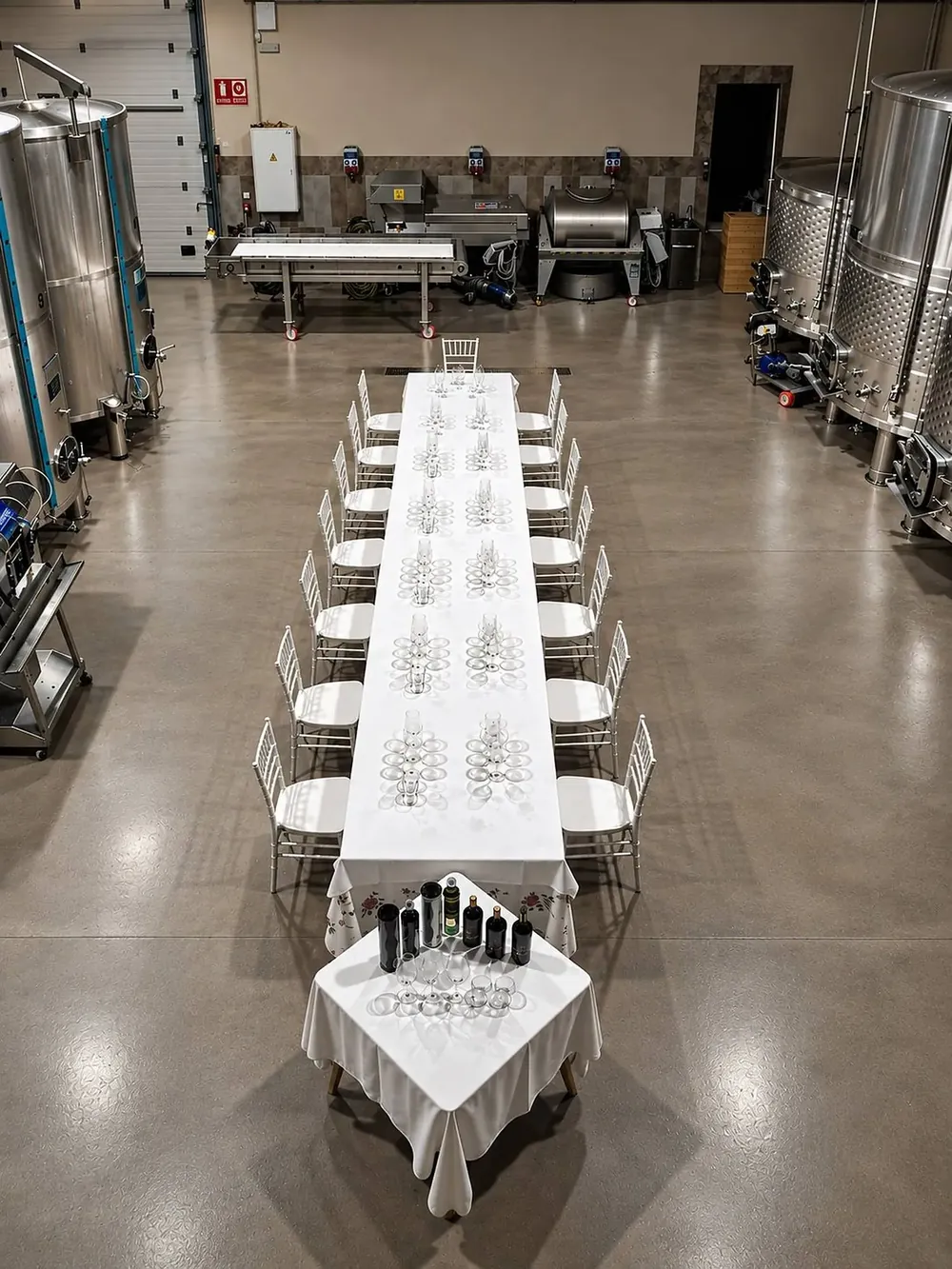 Mesa de cata montada entre los depósitos de la bodega